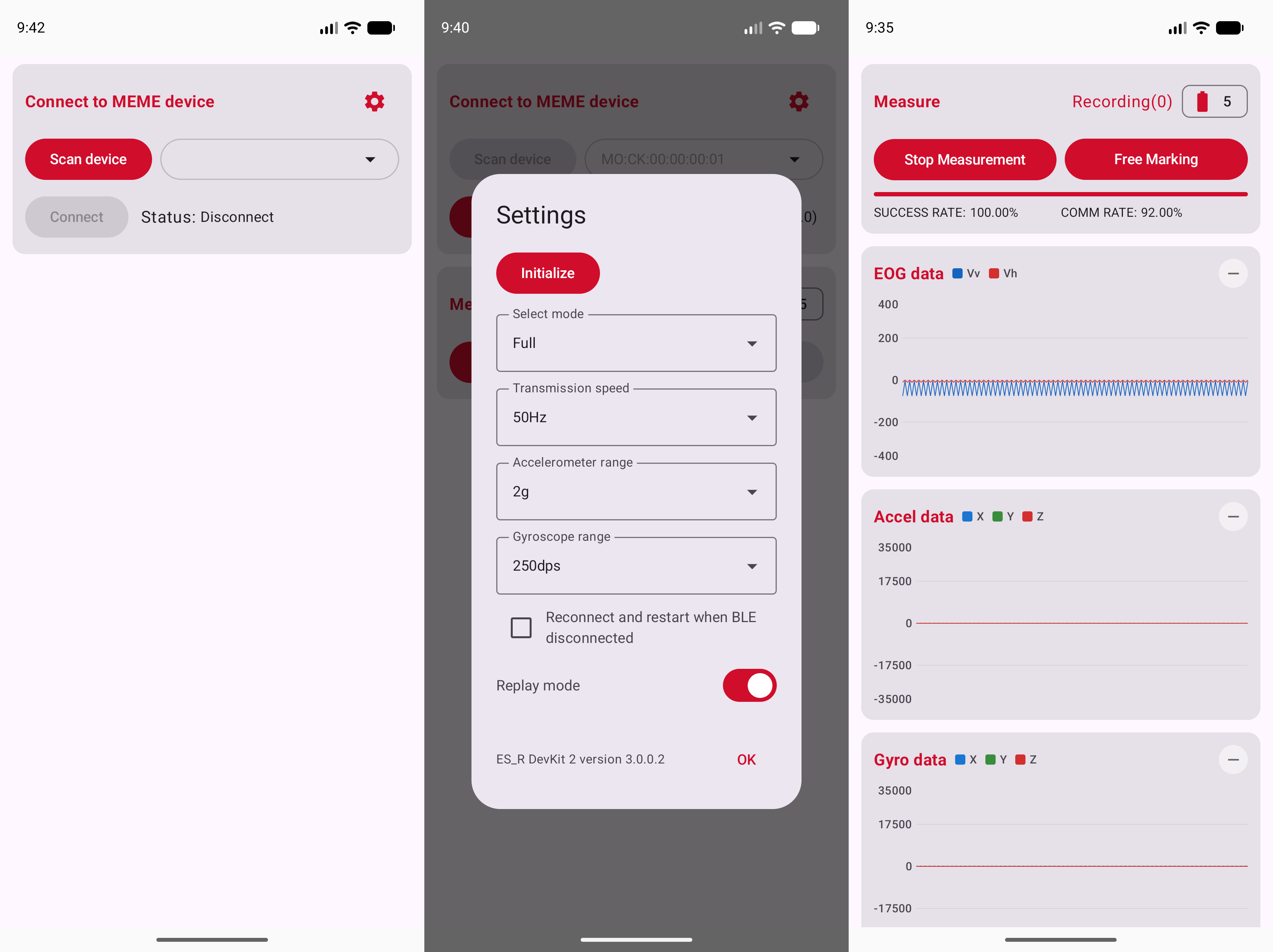 App Screens (Left: Initial, Center: Settings, Right: Measurement)